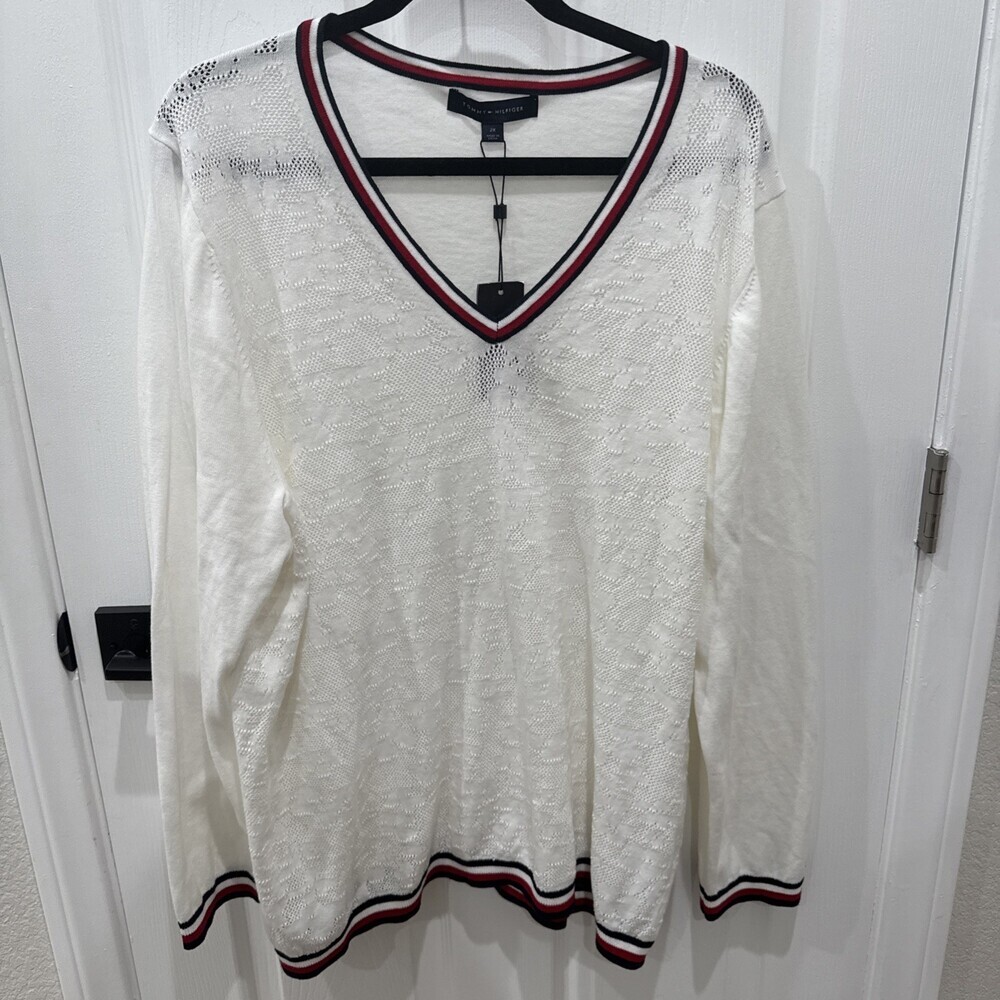 Tommy Hilfiger Global Chenille White Sweater Long Sleeve W9XS0197 Womens 2XL NWT